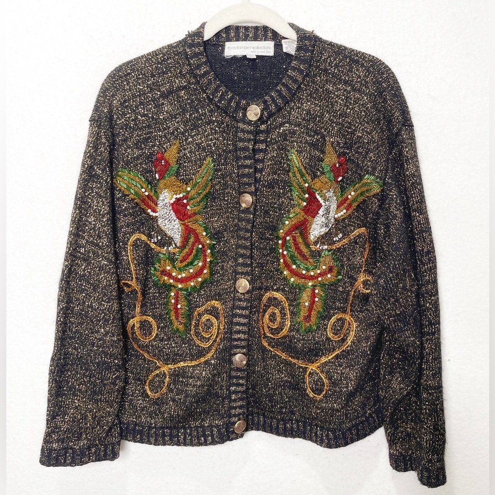 Tony Lambert Vintage Sweater Black Gold Silk Wool Metallic Beaded Embroidered